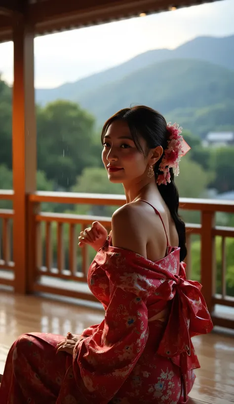 a beautiful woman, sitting strapping on the porch of a japanese model's house as the rain drizzles, is making traditional japanese tea, background of fuji mountain at sunset, orange ambient light, very calm atmosphere , body looking camera, using long kimo...
