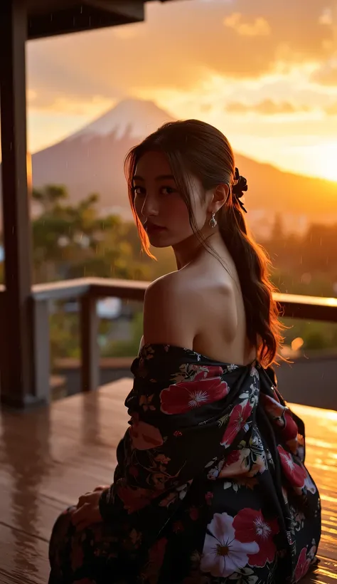 a beautiful woman, sitting strapping on the porch of a japanese model's house during drizzling rain, background of fuji mountain at sunset, orange ambient light, very calm atmosphere , body looking camera, using long kimono satin material black color flora...