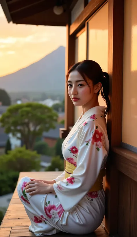 a beautiful woman, sitting strapping on the porch of a japanese model's house as the rain drizzles, background of fuji mountain at sunset, orange ambient light, very calm atmosphere , body looking camera, Using white floral print satin material kimono, Bla...