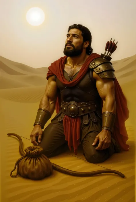 An ultra-realistic image of Hercules kneeling on the ground in the Sahara desert, defeated, looking up at the sky as if pleading to the gods for shade. His arms hang loosely by his sides. The cloth that once covered his face now drapes over his chest, reve...