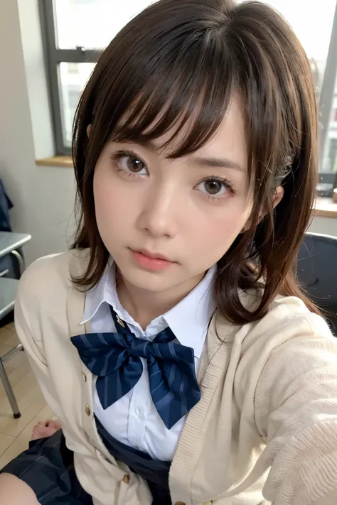 8k, RAW portrait、( realistic :1.5)、 (  Japanese woman),masterpiece、realistic:1.3、realistic,    is extremely fine ,   Highest Quality, Real Life Photos ,( dusk:1.2),    in the classroom、   Sexy latino      、   socks 、((Cardigan、blazer、プリーツskirt for ears、bow...