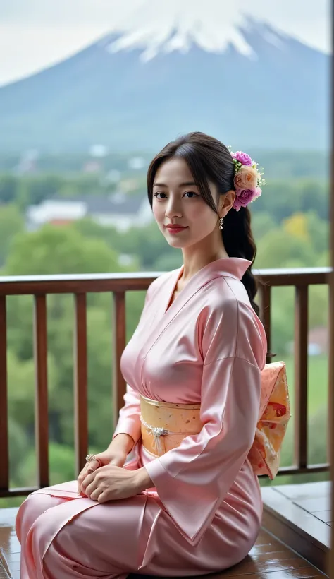 a beautiful woman, sits upright with legs folded under her thighs, sits on the porch of a japanese model's house during the rain, is making traditional japanese tea, Fuji mountain background, very calm atmosphere , body looking camera, using a pink satin m...