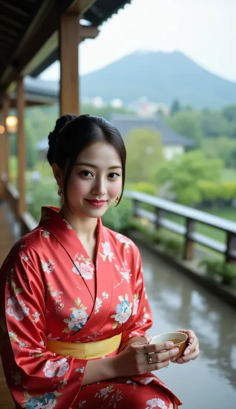 a beautiful woman, sitting upright with legs folded, is on the porch of a japanese model house during drizzling rain, is making traditional japanese tea, Fuji mountain background, very calm atmosphere , body looking camera, Using red satin floral print kim...