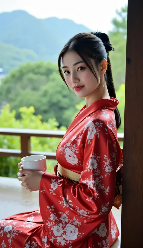a beautiful woman, sitting strapping on the porch of a japanese model's house during drizzling rain, is making traditional japanese tea, Fuji mountain background, very calm atmosphere , Use long kimono with floral print red satin material, Black hair ponyt...