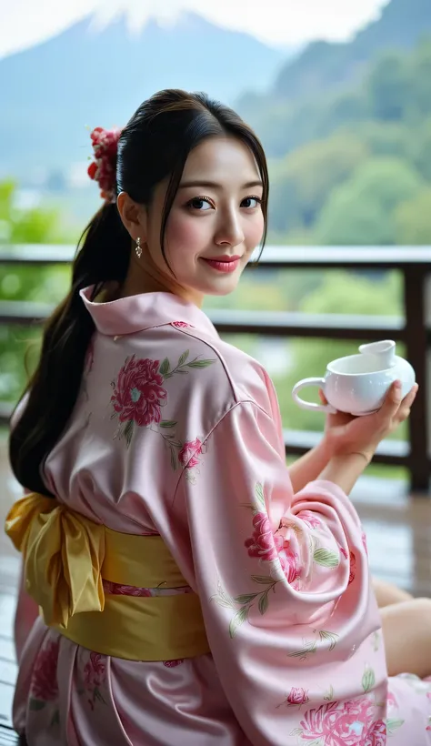 a beautiful woman, sitting strapping on the porch of a japanese model's house during drizzling rain, is making traditional japanese tea, Fuji mountain background, very calm atmosphere , body looking camera, using a long kimono of pink satin material floral...