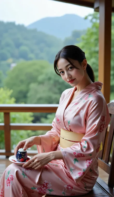 a beautiful woman, sitting strapping on the porch of a japanese model's house during drizzling rain, is making traditional japanese tea, Fuji mountain background, very calm atmosphere , body looking camera, using a long kimono of pink satin material floral...