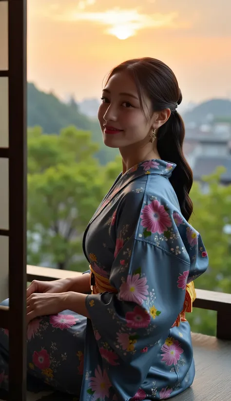 a beautiful woman, sitting strapping on the porch of a japanese model's house as the rain drizzles, is making traditional japanese tea, background of fuji mountain at sunset, orange ambient light, very calm atmosphere , body looking camera, Use long kimono...