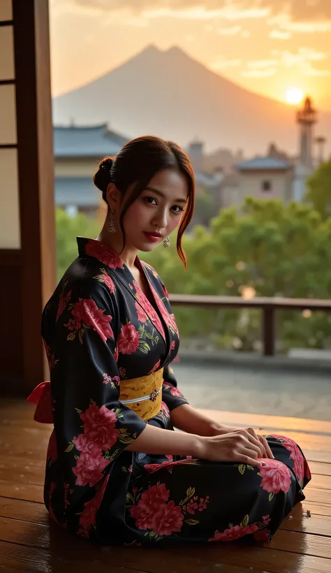 a beautiful woman, sitting strapping on the porch of a japanese model's house as the rain drizzles, is making traditional japanese tea, background of fuji mountain at sunset, orange ambient light, very calm atmosphere , body looking camera, using long kimo...
