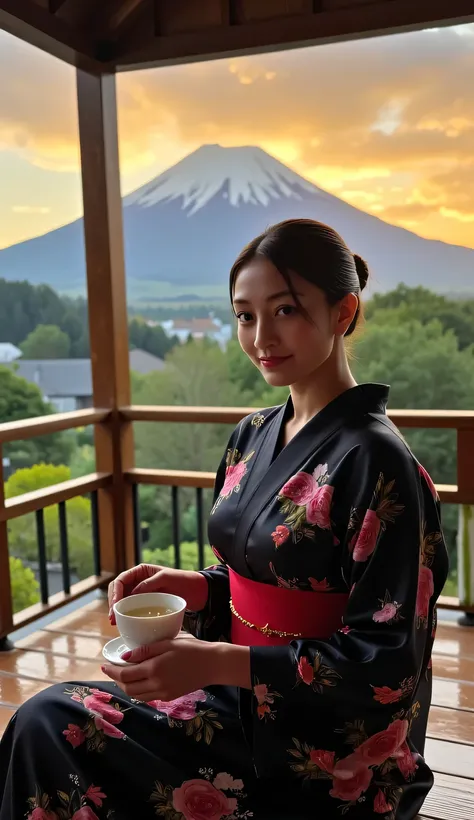 a beautiful woman, sitting strapping on the porch of a japanese model's house as the rain drizzles, is making traditional japanese tea, background of fuji mountain at sunset, orange ambient light, very calm atmosphere , body looking camera, using long kimo...