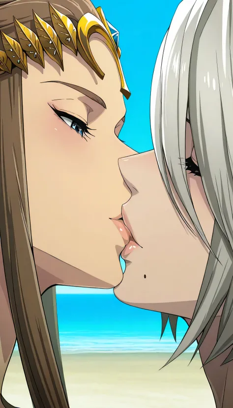 2b, yorha 2b, nier automata, 2B, Zelda twilight princess, Zelda, princess Zelda, 2 girls, yuri,         anime screencap , official style, close-up kissing,  UHD, masterpiece, Precise, anatomically correct, super detail,  high details, High Quality, best qu...