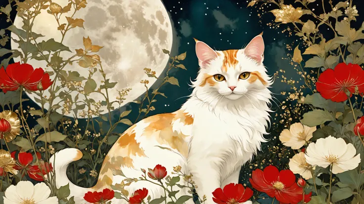 novuschroma style Fluffy magic full body cat fantasy illustration in Novuschroma style in a enchanted garden with full moon in August Mucha style as background, patterns, color palette white red and gold