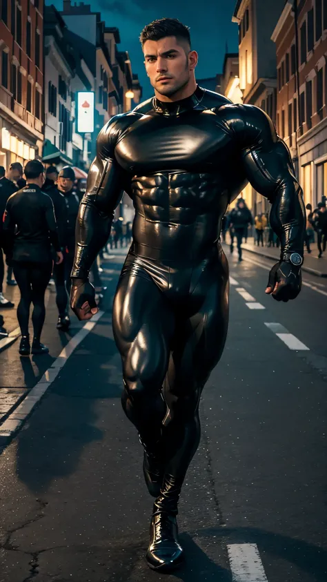 masuter piece, muscular big built、body suit、shiny spandex only Black shiny compression long sleeve shirt、sole of feet、muscular handsome european man, medium length hair 、macho, short-haired、Fade Cut、Hot、NSFW、Bulge、FULL BODYSHOT、Rugby players、The large、Open...