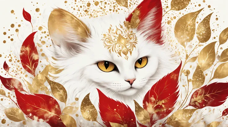 novuschroma style Fluffy magic full body cat fantasy illustration in Novuschroma style, patterns, color palette white red and gold