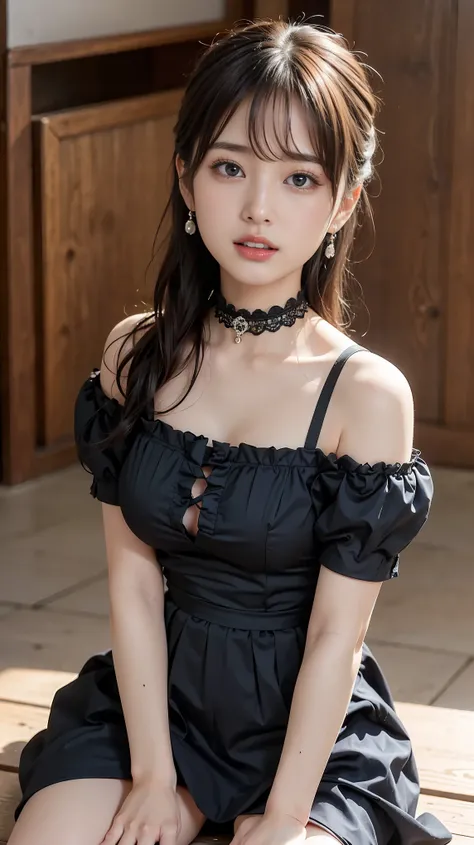    western style building   ,  Female 1 ,   BEAUTIFUL JAPANESE ACTRESS , 5, Double Eyes   ,,   detailed face  ,   big earrings,  black choker like NTR anime,   fancy makeup using red eyeshadow  ，  ，classy hairstyle，fine grain,Slender actress, The cutest go...