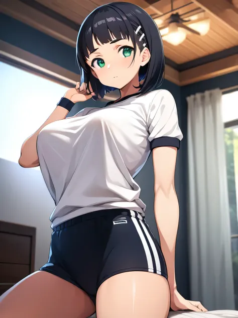 [Very Huge , Gym Clothes,High leg bloomer , Kirigaya Naoha( Sword Art Online and Macarons ), 1 girl on break day, bob hair, black hair, hair clip, masterpiece, green eyes, Highest Quality, sexy、bedroom、 Dynamic angle, Camera View ,laugh mischievou...