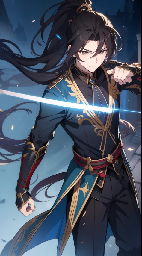 Anime Style，Person （Male warrior ），The proportions are correct.，face details， Swordsman，High ponytail，ผมสีดำ, Neck detail ，has sparkles on it，The ultimate blouse， clothing details，   Long Sleeve ， Game quality ，  Ray Tracing， CG render，hair details，Black L...