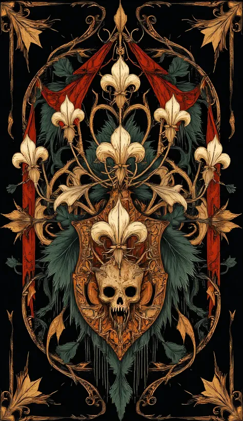 A dark wallpaper with lily flowers in the style of a royal medieval coat of arms. ((heraldic)). ((Lys)). ((Morbide)).