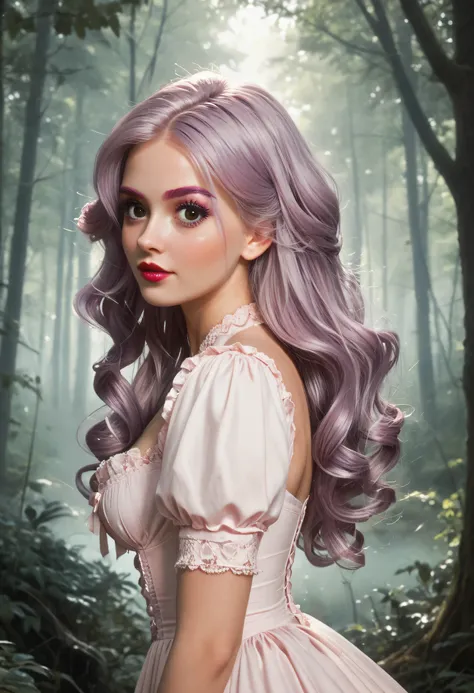 Dead Forest, Forest, Trees, 1Girl, Perfect Body, Beautiful Girl, Light Purple Hair, Long Hair, Purple Eyebrows, Natural Eyebrows, Black Eyeliners, Big Eyes, Black Eyes, Pink Blush, Nose, Red Lipstick, Thick Lipstick, Closed Mouth, Black Victorian Dress, Me...