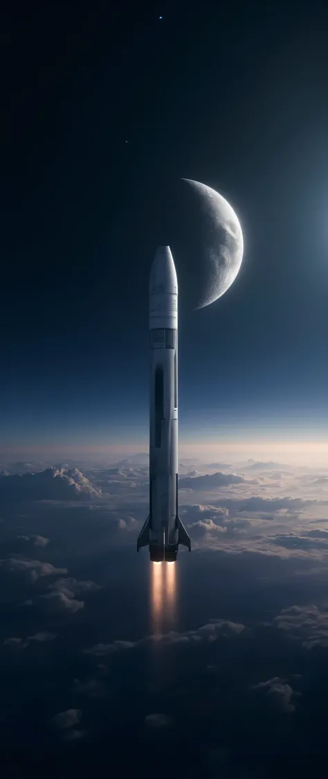 最High Quality、High Quality、Spaceship SpaceX Rocket Crossing the Moon、Night Sky High Definition 8k Wallpaper、View of Earth's Atmosphere in Outer Space、Star and Moon Details、Photorealistic Orientation y、Highly Detailed Atmospheric Scenery、complicated、high de...