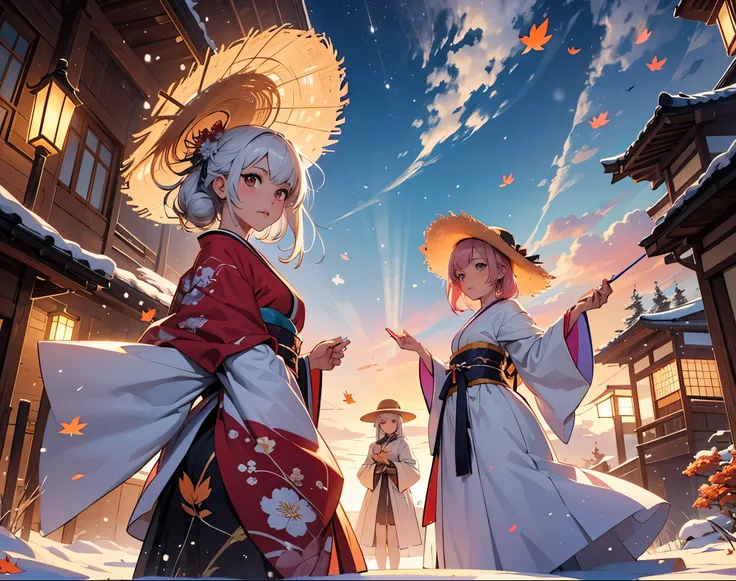 anime style calendar cover for 2025, featuring four beautiful anime characters representing the seasons: spring with flowers and pink hair, summer with a straw hat and clear sky, autumn with falling leaves and orange tones, winter with snow and white hair,...