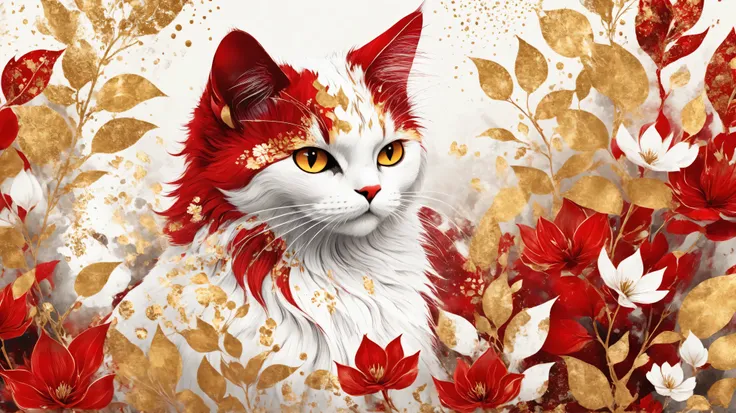 novuschroma style Fluffy magic full body cat fantasy illustration in Novuschroma style, patterns, color palette white red and gold