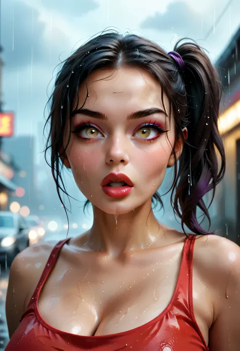 (ager), perfect face, black hair, side ponytail, (forehead), black natural eyebrows, light brown eyes, (purple eyeshadows), black eyeliners, big eyes, nose, blushing, (dark red lips, thick lips), surprised, big lips, collarbone, cleavage, huge breasts, (ro...
