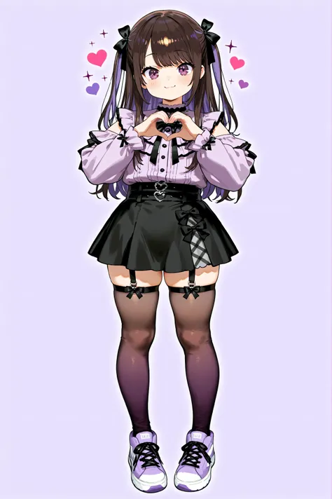 cute anime otoko no ko, jirai_kei, gothic_ta, dark brown and purple gradation medium-length hair, big sparkling brown and lavender eyes, black bows in hair, black skirt, garter straps, legwear garter pantyhose, soft pastel aesthetic, surrounded by small he...