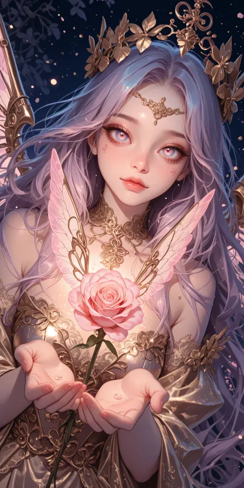 Woman, adult, mechanical wings, golden gown, lace, ornate, reaching out with one hand while holding a glowing pink rose in the other, close up, dynamic pose, dynamic angle, intricate flowers, more close up, spring garland, grayscale, vibrant colors, whimsi...