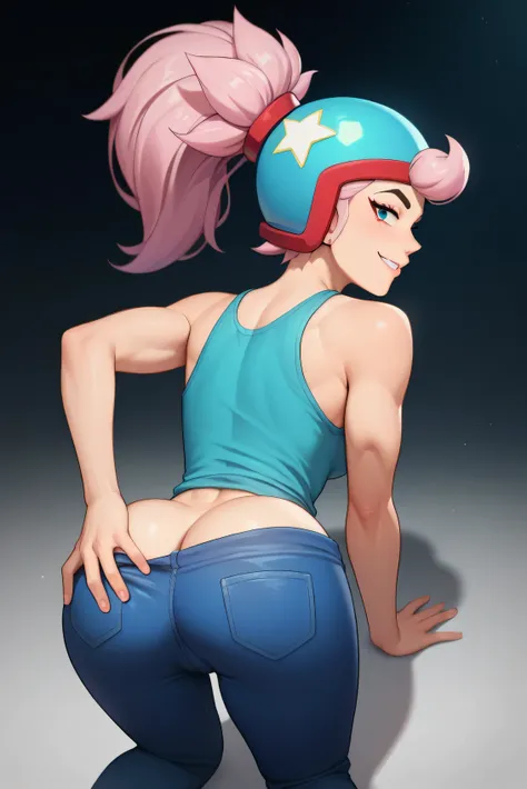 (masterpiece, best quality:1.2), solo, 1girl, bsjanet, smile, seductive smile, seductive eyes, looking at viewer, ponytail, helmet, blue tank top, sleeveless, blue jeans, no pants, bottomless, pants down, showing her ass, nice butt, ass grab, from behind, ...