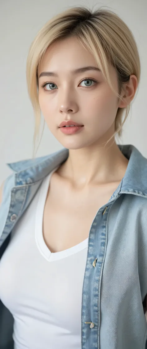 1woman, confident, fair skin, blonde hairs, short hairs, aqua eyes, pink lips, she is wearing white V-neck t-shirt with open button denim blue sleeveless jacket,