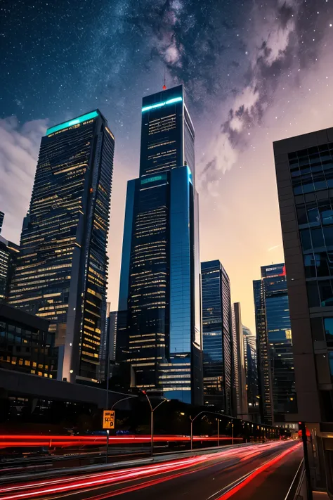 A futuristic cityscape at night with a glowing sun setting (or rising) between tall skyscrapers. The view is from a highway with cars heading into the city. Above the city, a vivid Milky Way galaxy stretches across the star-filled sky, creating a surreal a...