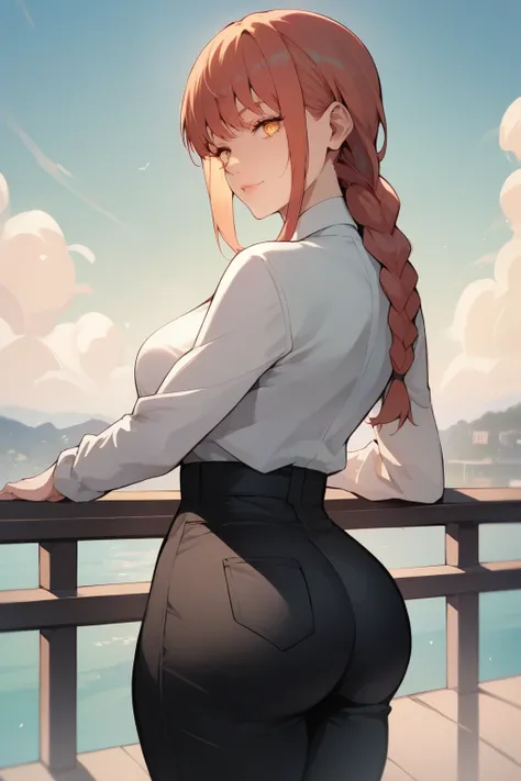 score_9, score_8_up, score_7_up, score_6_up, score_5_up, score_4_up, (source_anime), chainsaw man, 1 girl, sky background, big thighs, makima in DQ4, eyes focus, Dress Clothes ,  black dress pants , white blouse, big butt