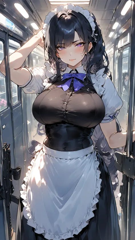 (masterpiece, Highest Quality, absurd), One person girl,mature,mature,5,black hair, straight long hair in a subway car, Bangs bangs, Big Breasts, thin waist, purple eyes, petals, Blue Tanned Skin , indoor, gun shop,assault rifle,maid,black long skirt,maid...