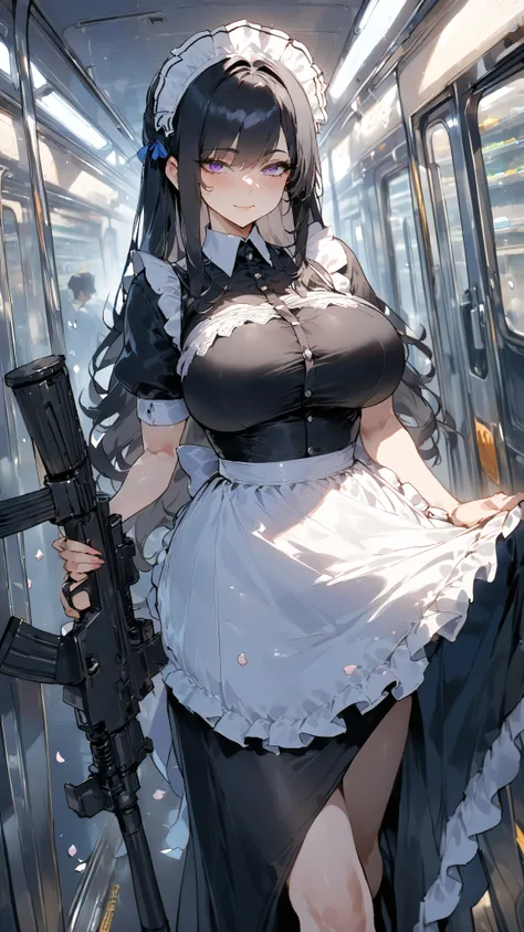 (masterpiece, Highest Quality, absurd), One person girl,mature,mature,5,black hair, straight long hair in a subway car, Bangs bangs, Big Breasts, thin waist, purple eyes, petals, Blue Tanned Skin , indoor, gun shop,assault rifle,maid,black long skirt,maid...
