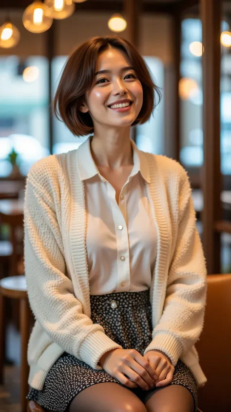 8k, Masterpiece, Top Quality, medium shot, beautiful Korean woman, textured brown pixie cut, joyful radiant laugh leaning back slightly while seated, holding a small object in lap, wearing a white collared shirt layered under a white fluffy knit cardigan w...