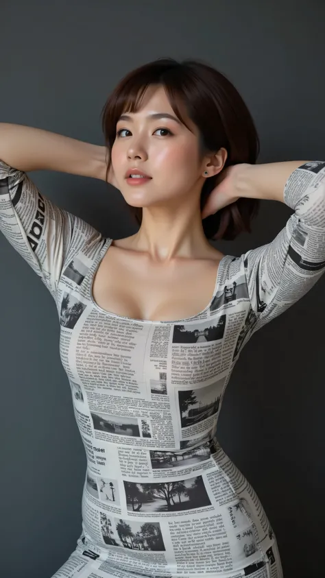 8k, Masterpiece, Top Quality, medium shot, beautiful Korean woman, chic brown pixie cut, curvy figure, confident pose with both hands behind head, wearing a fitted long-sleeved dress with a wide scoop neckline featuring a black and white newspaper print pa...