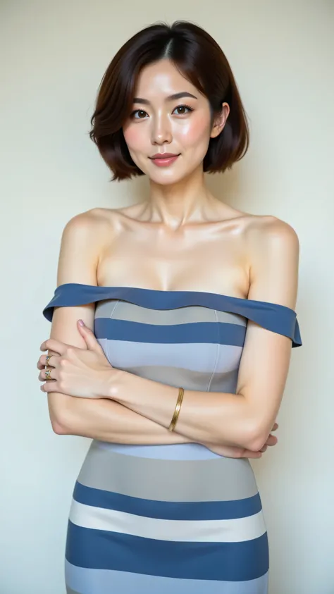 8k, Masterpiece, Top Quality, medium shot, beautiful Korean woman, elegant brown pixie cut, standing with arms crossed, wearing an off-the-shoulder fitted dress with horizontal stripes in varying shades of blue and light grey, thin gold bangle on one wrist...