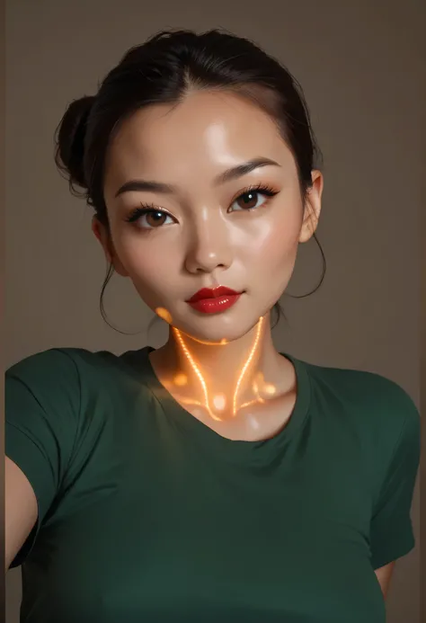 simple background, perfect face, hair bun, brown hair, (forehead), black thin eyebrows, big glowing brown eyes, thick red lipstick, beautiful woman, shirt, green shirt, medium breasts, pov, ((female asian)), asian, arms behind back