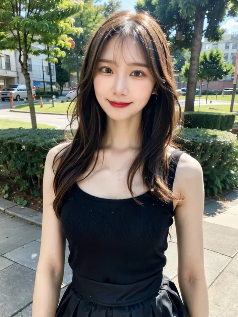 ( faithful reproduction of eye features and facial features in the image above: 1.3), beautiful woman highlighting her lower lip, (standing: 1.1), (I'm wearing a black spaghetti strap tank top: 1.1), ( wears pleated skirt : 1.1), long hair, Ponytail, (Smil...