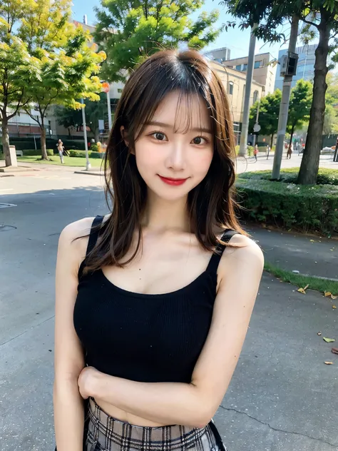 ( faithful reproduction of eye features and facial features in the image above: 1.3), beautiful woman highlighting her lower lip, (standing: 1.1), (I'm wearing a black spaghetti strap tank top: 1.1), ( wears pleated skirt : 1.1), long hair, Ponytail, (Smil...