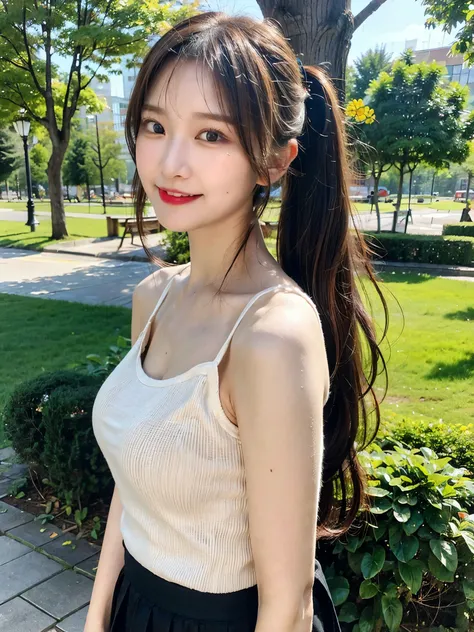 ( faithful reproduction of eye features and facial features in the image above: 1.3), beautiful woman highlighting her lower lip, (standing: 1.1), (I'm wearing a black spaghetti strap tank top: 1.1), ( wears pleated skirt : 1.1), long hair, Ponytail, (Smil...