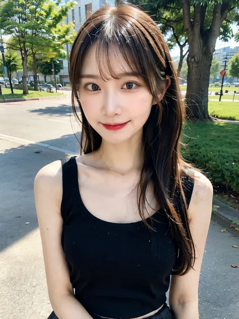 ( faithful reproduction of eye features and facial features in the image above: 1.3), beautiful woman highlighting her lower lip, (standing: 1.1), (I'm wearing a black spaghetti strap tank top: 1.1), ( wears pleated skirt : 1.1), long hair, Ponytail, (Smil...