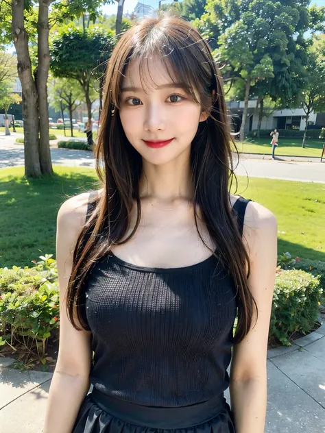 ( faithful reproduction of eye features and facial features in the image above: 1.3), beautiful woman highlighting her lower lip,full body、 (standing: 1.1), (I'm wearing a black spaghetti strap tank top: 1.1), ( wears pleated skirt : 1.1), long hair, Ponyt...