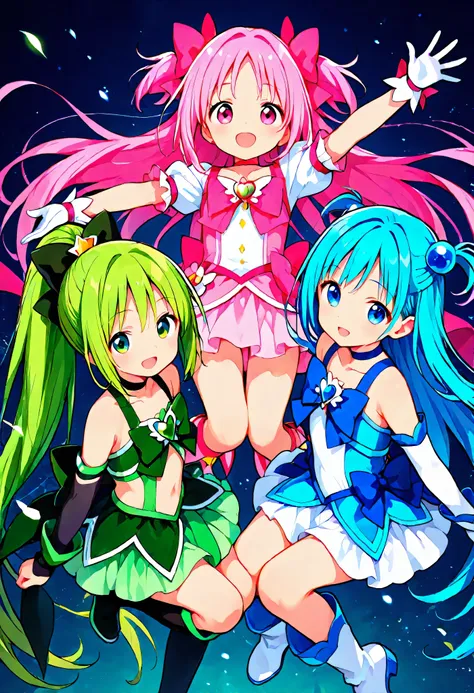 magical girl,((Group of 3)),GREEN HAIR HALF UP,PINK HAIR PONYTAIL,BLUE HAIR LONG STRAIGHT, three girls,