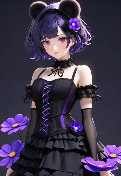 {Low quality, Low quality}, (( girl with black bear ears :1.3)), ( purple eye)), short black hair, gothic ta dress with (anemone flower motif), black and deep violet two block color scheme, (deep violet anemone embroidery on bodice and skirt), black and de...