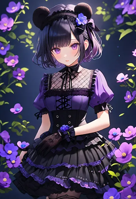 {Low quality, Low quality}, (( girl with black bear ears :1.3)), ( purple eye)), short black hair, gothic ta dress with (anemone flower motif), black and deep violet two block color scheme, (deep violet anemone embroidery on bodice and skirt), black and de...