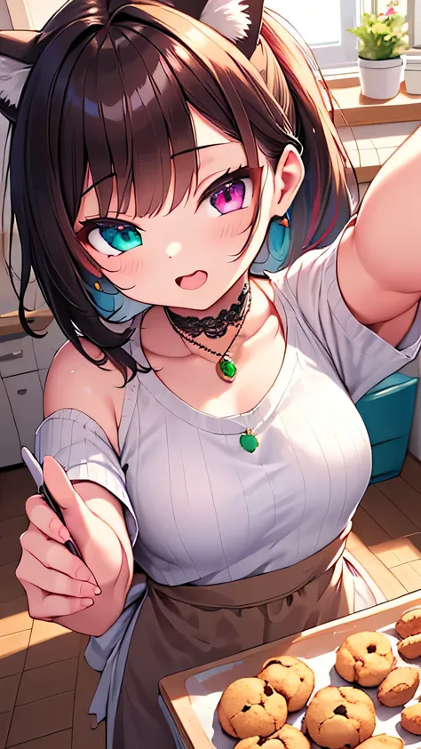 魚眼レンズ　3girls ange_katrina ange_katrina_(5th_costume) animal_ears apron baking baking_sheet bare_shoulders black_choker black_sweater blue_hair blunt_bangs blush brown_hair choker collarbone cookie crossed_bangs dog_ears dutch_angle flower food foreshorteni...