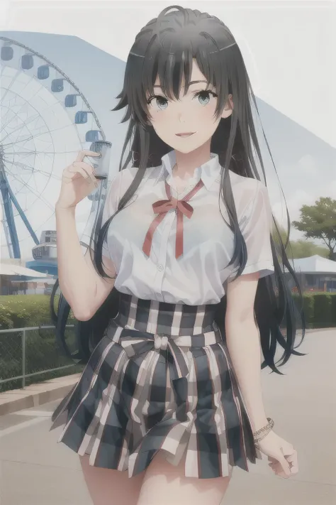 A woman with a lovely smile,Can you draw a smiling woman in front of the giant ferris wheel at Kasai Rinkai Park,20-year-old adult woman with a nice smile,Please draw long black hair,with big breasts or a thin waist,I need a face,white blouse,navy blue ple...