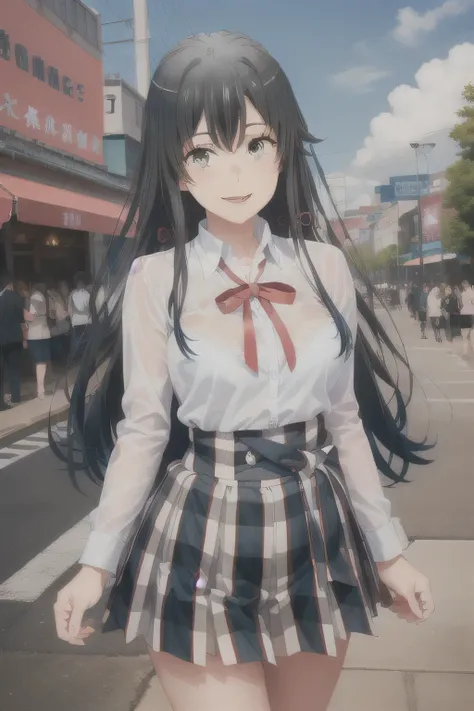 A woman with a lovely smile，Can you draw a smiling woman in front of the giant ferris wheel at Kasai Rinkai Park，20-year-old adult woman with a nice smile，Please draw long black hair，with big breasts or a thin waist，I need a face，white blouse，navy blue ple...