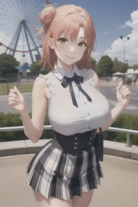 Can you draw a woman smiling in front of the giant ferris wheel at Kasai Rinkai Park,,Big Breasts,sleeveless blouse,pleated miniskirt,Accurate representation of hands and legs, , Big Breasts, thin waist , , ,I need a face,